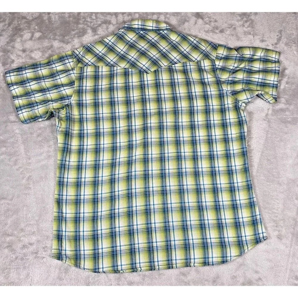 Wrangler Mens Western Cowboy Shirt Green Plaid Short Sleeve Pocket Pearl Snap L - Picture 2 of 7